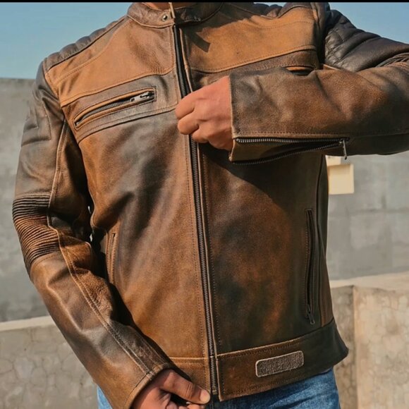 RIDERACT® Mens Fashion Riding Jacket Motorcycle Leather Brown Men Size 3XL NEW - Picture 5 of 9